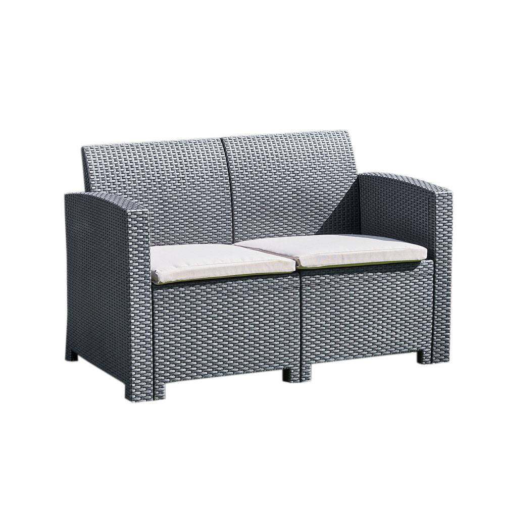Click to view product details and reviews for 2 Seater Rattan Effect Sofa In Graphite With Cream Cushions Marbella.